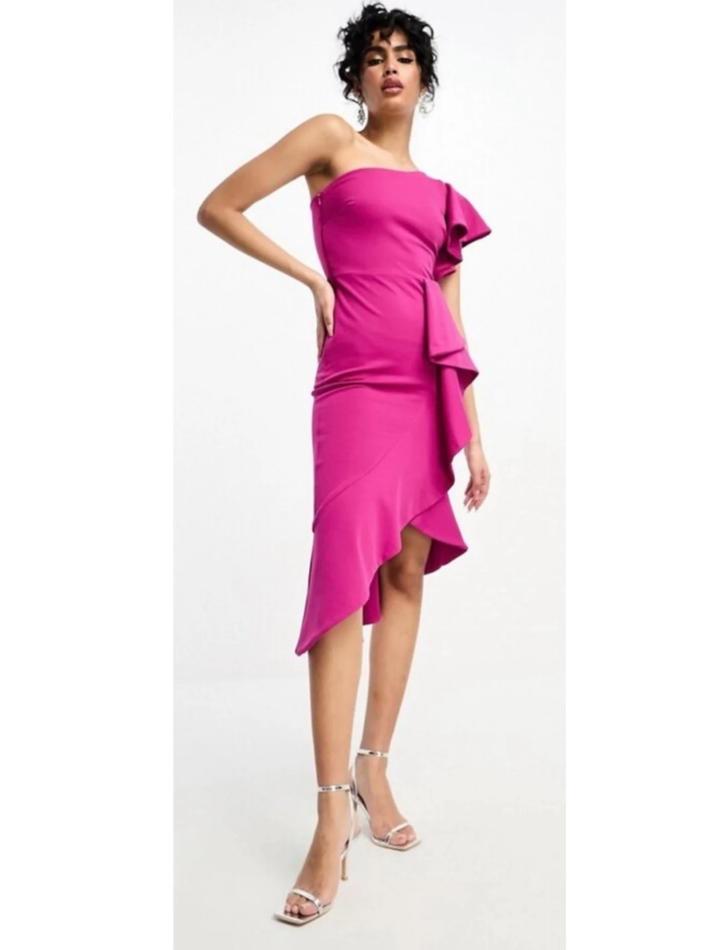 True Violet nwt size UK 6 One Shoulder Ruffle Midi Dress In Fuchsia